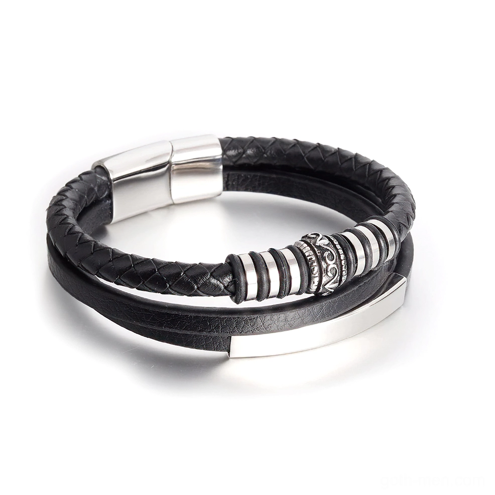 Men's Gothic dual-layer black leather bracelet with stainless steel magnetic clasp - front view