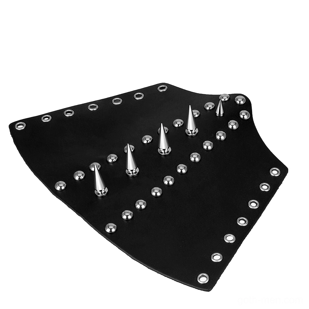 Oblique top-down view of spiked studded leather guard with randomly arranged cone spikes and round studs, gothic bracelet detail shot