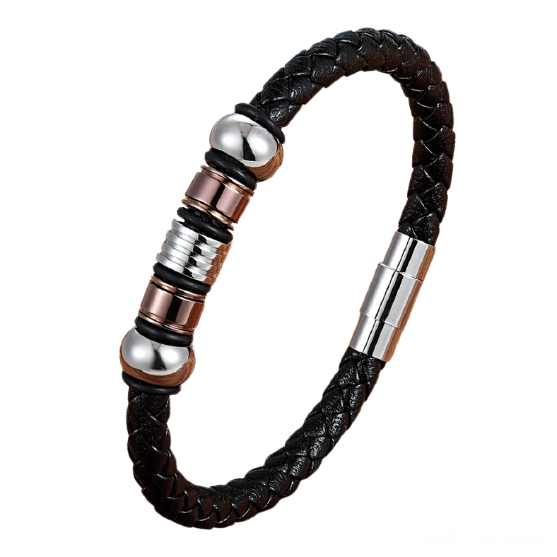 men's braided leather gothic bracelet rose gold with stainless steel magnetic clasp front view