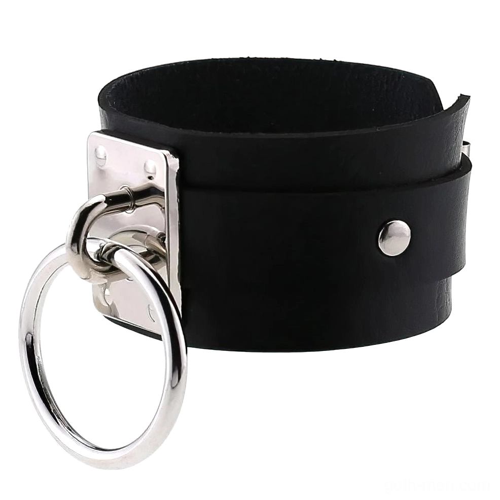 Gothic leather cuff bracelet detail shot showing dual-strap construction and metal ring hardware