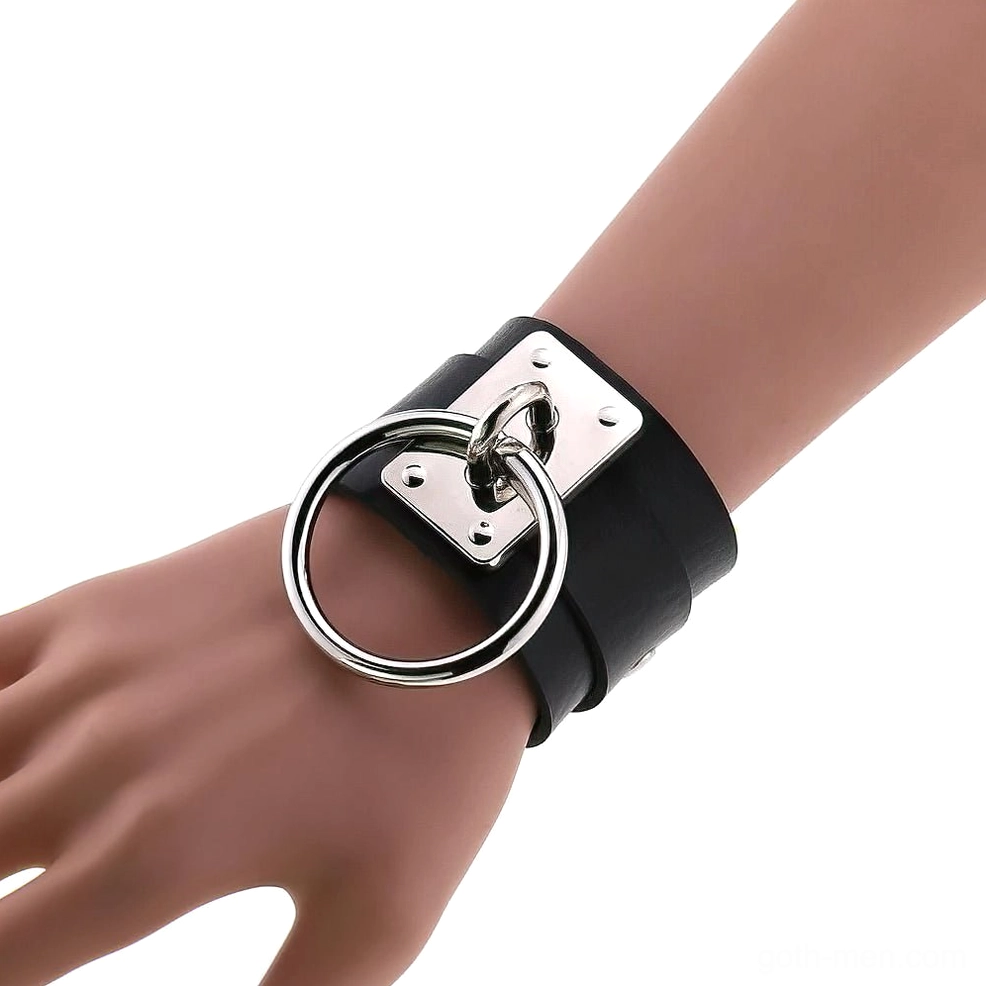 Full view gothic leather cuff bracelet unisex alternative jewelry with metal ring accents