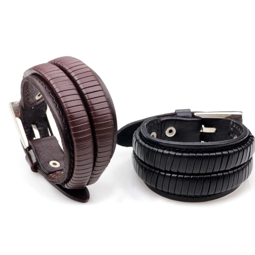 Gothic men's leather cuff bracelet comparison black and brown side-by-side, flat view with metal buckles, double-wide design