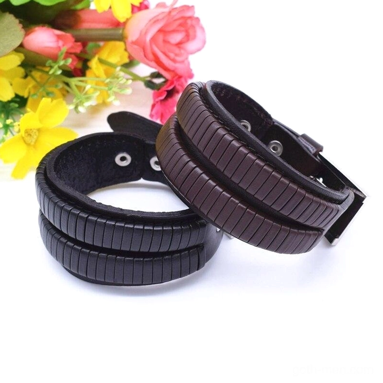 Dual-color gothic leather cuff bracelets with flower styling props, striped embossed design, alternative fashion jewelry