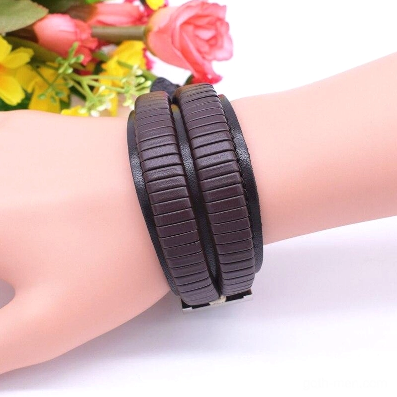 Black and brown leather cuff bracelet for men with striped texture detail, double-safety clasp system, gothic fashion