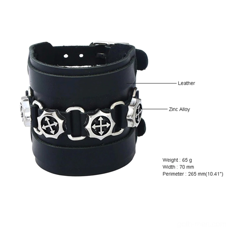 Gothic leather bracelet side profile showing width and zinc alloy stud details, cuff bracelet construction