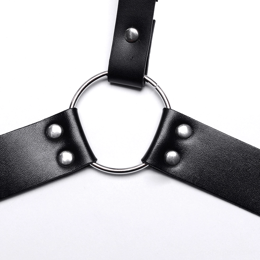 Black leather body harness full product shot showing overall architectural strap design and metal hardware composition