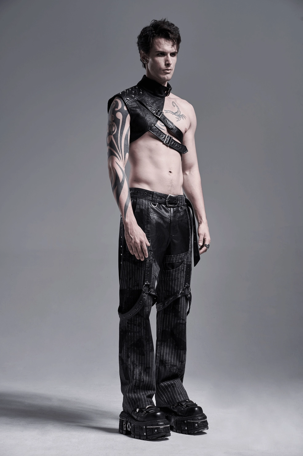 One-shoulder gothic leather harness - close-up showing cracked texture and premium material quality