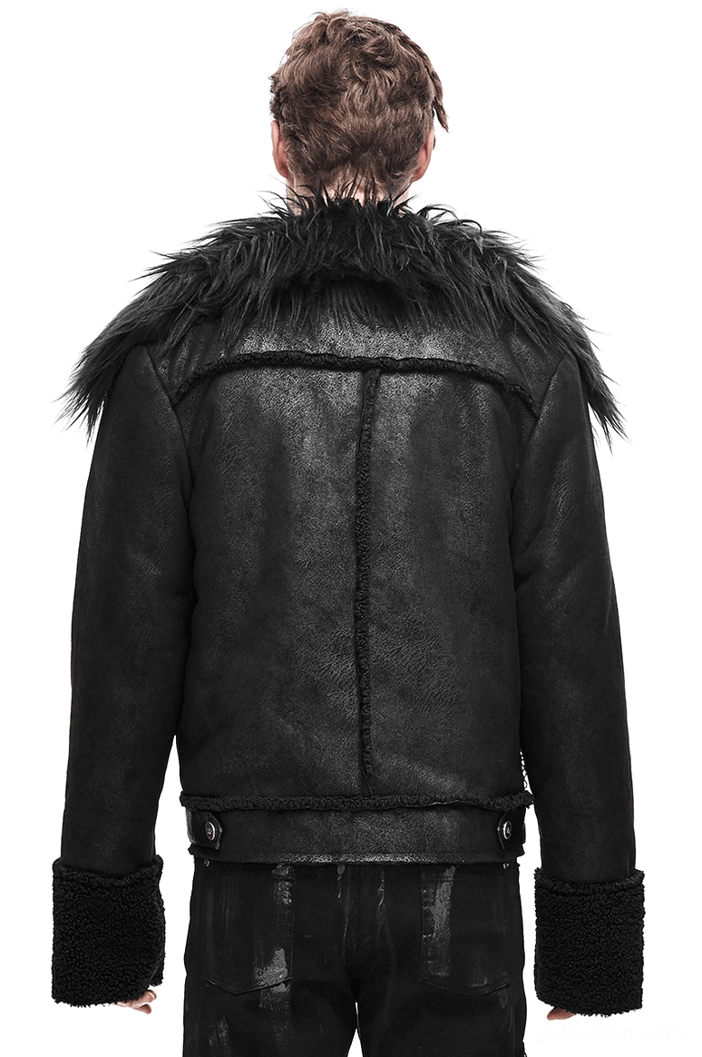 Black gothic punk leather jacket rear view showing stitched back panel and faux shearling cuffs