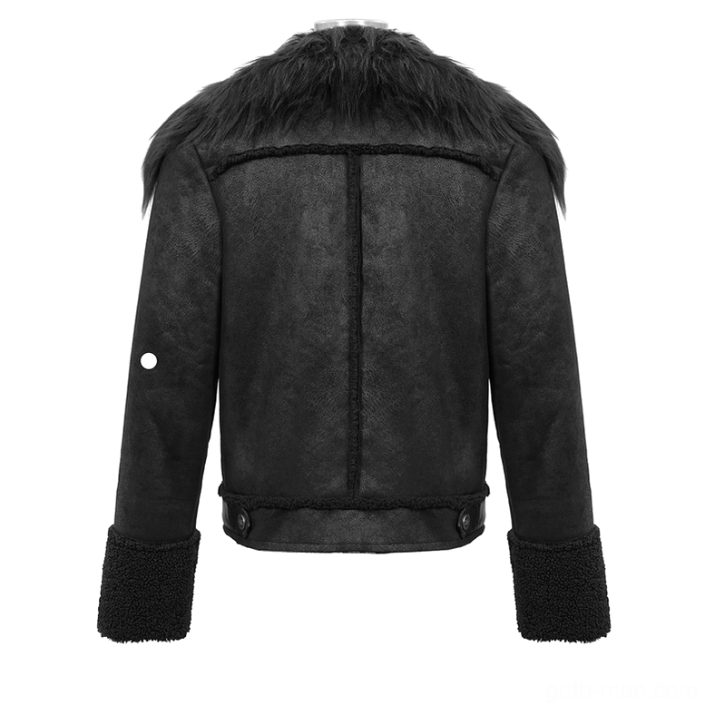 Black gothic punk leather jacket rear view on mannequin with faux fur collar and shearling cuffs