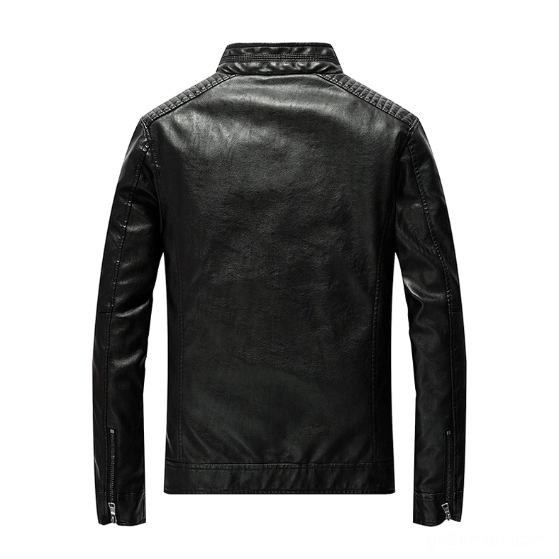 Black PU leather motorcycle jacket rear flat lay view, showing quilted shoulders and sleeve zipper fasteners, gothic alternative fashion
