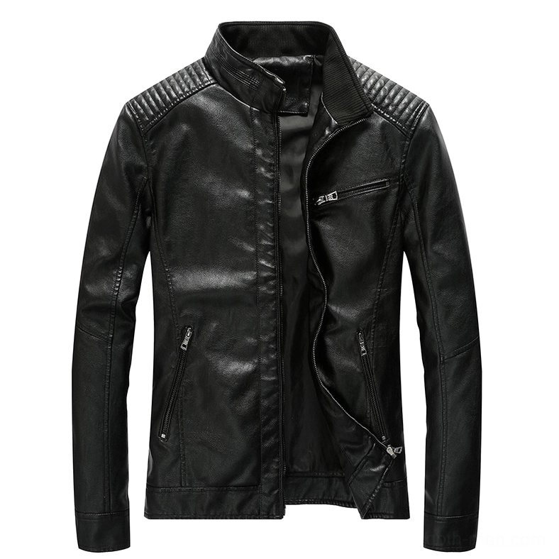 Black PU leather motorcycle jacket flat lay front open view, showing zippered pockets and quilted shoulder accents, alternative fashion style