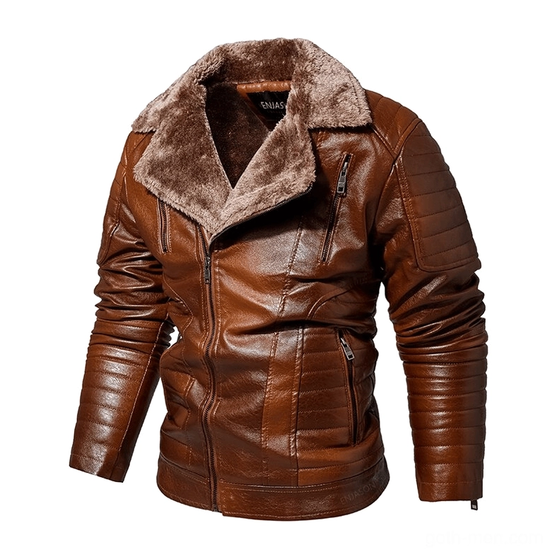 Brown distressed leather jacket with fluffy fur collar and quilted sleeve panels, front flat lay view
