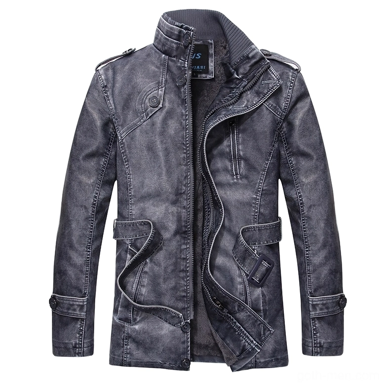 Gothic rebellion PU leather jacket front view with adjustable waist belt and stand collar