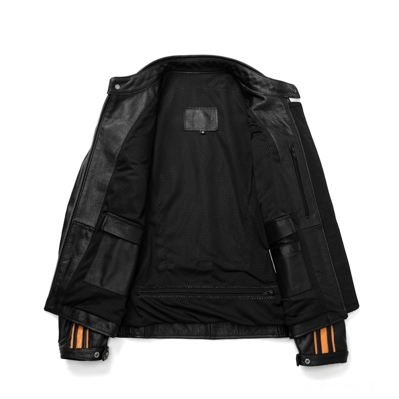 Interior flat lay of black leather jacket showing mesh lining and multiple internal pockets