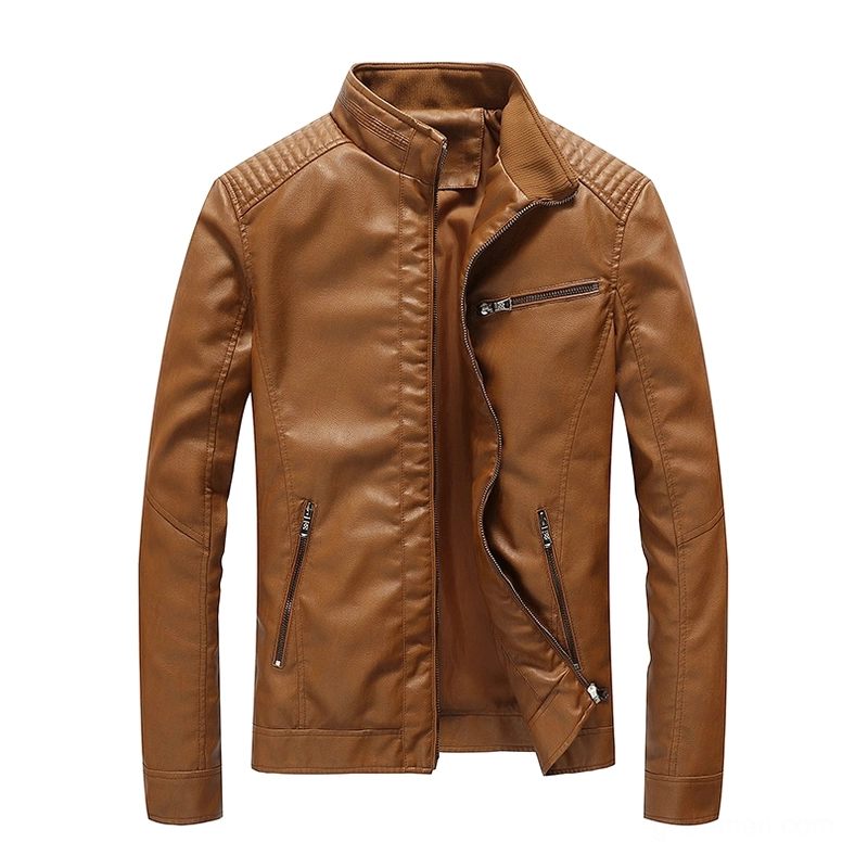 Tan khaki colored PU leather motorcycle jacket flat lay front open view, showing functional zippers and quilted shoulder construction