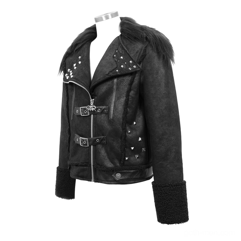 Gothic punk leather jacket left front quarter view showing faux fur collar and metal stud embellishments