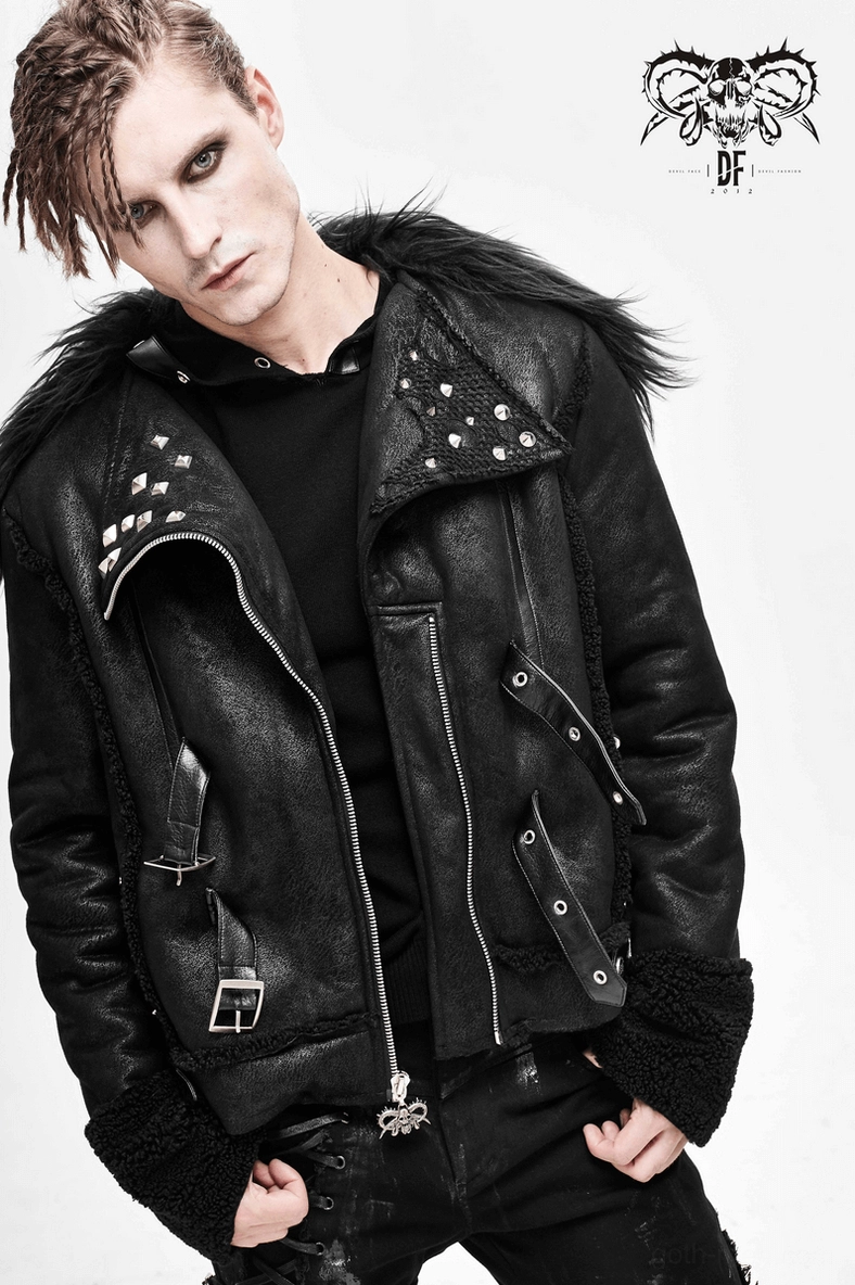 Gothic punk leather jacket full profile showing silhouette, collar, and decorative elements