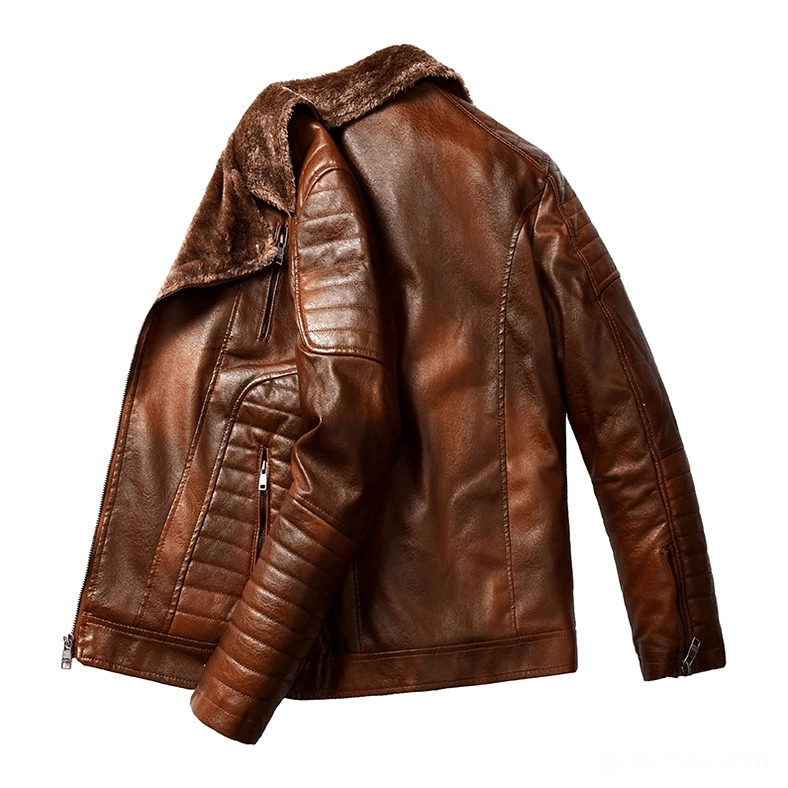 Tan leather gothic jacket rear three-quarter view showing fur collar and quilted shoulder panel design