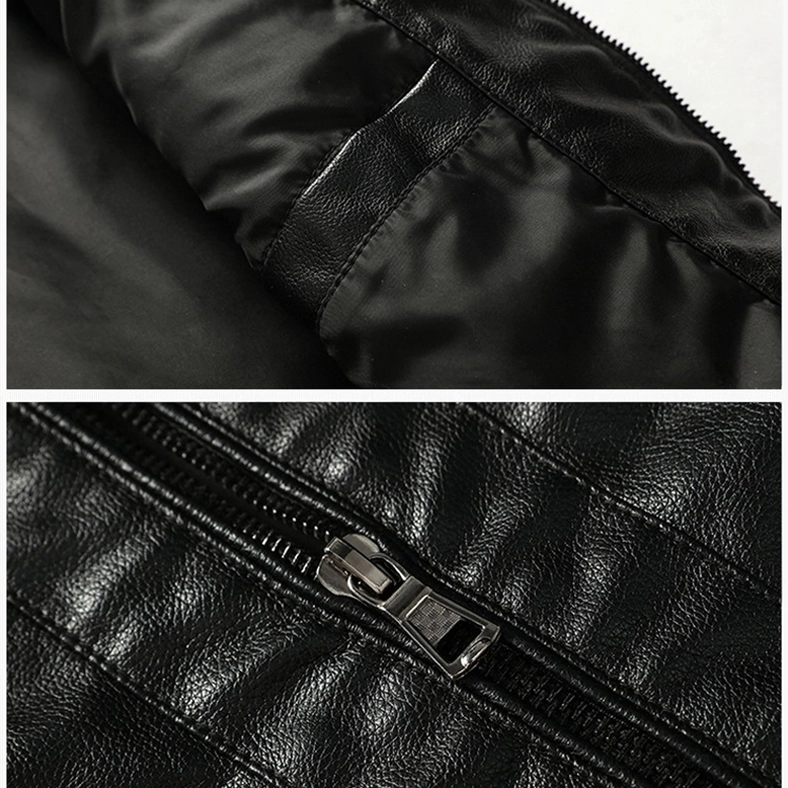 Black PU leather motorcycle jacket texture detail shot, showing fine grain finish, stitched seams and metal hardware