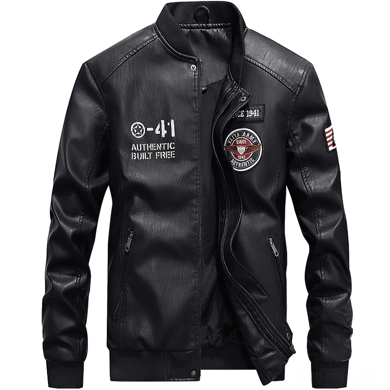 Black PU leather bomber jacket half unzipped showing zipper details and side pockets