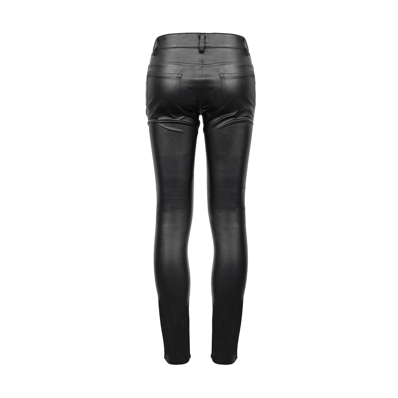 Rear flat lay view of black gothic PU leather pants highlighting dual back pockets and standard waistband construction