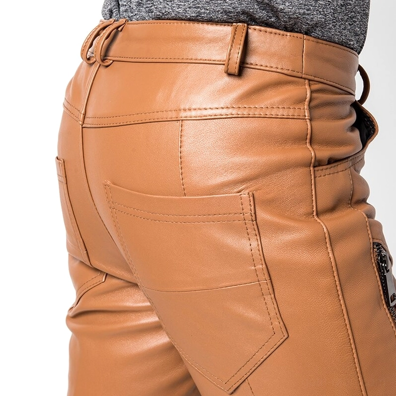 Close-up detail of back pockets leather seams stitching