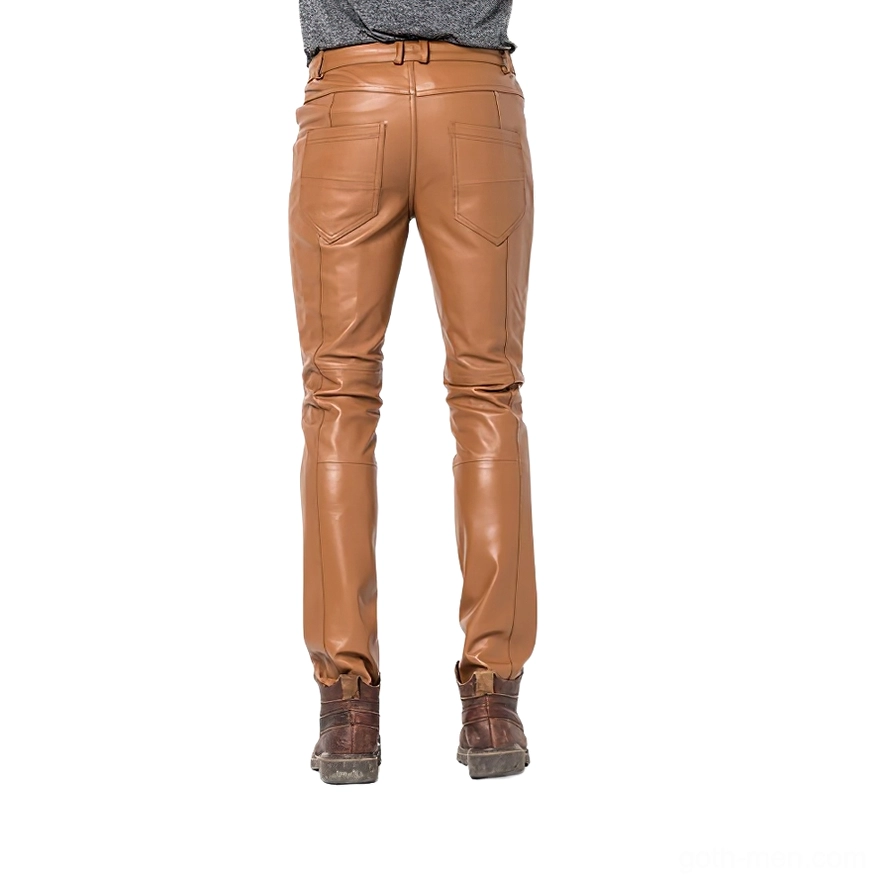 Back view of black leather skinny pants back pockets slim fit