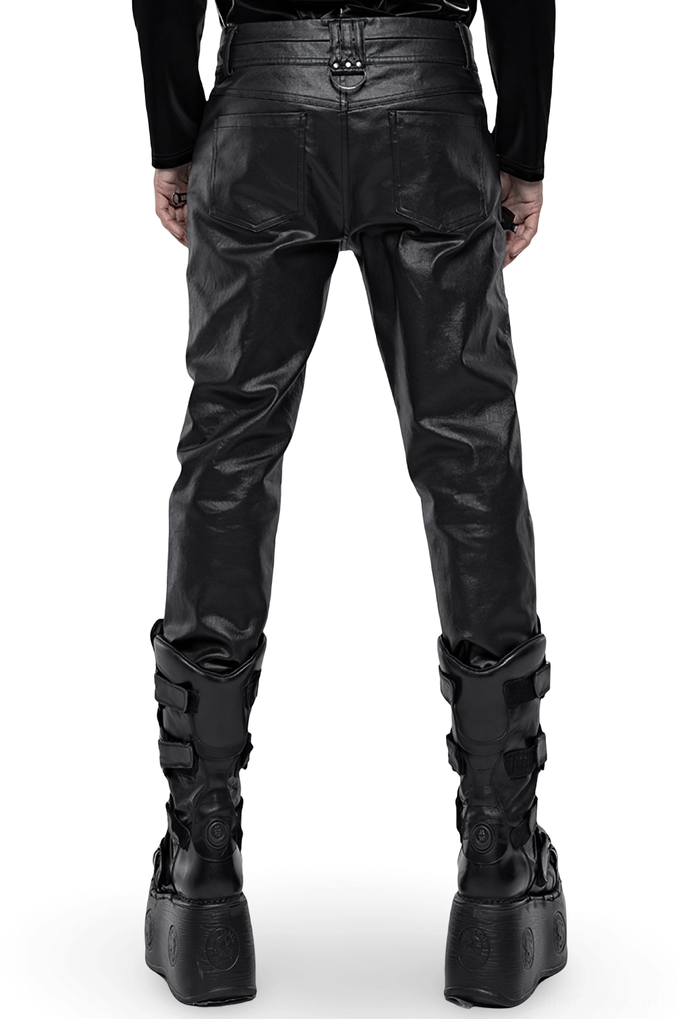 Black gothic faux leather pants rear view showing D-ring hardware and slim tapered fit on male model