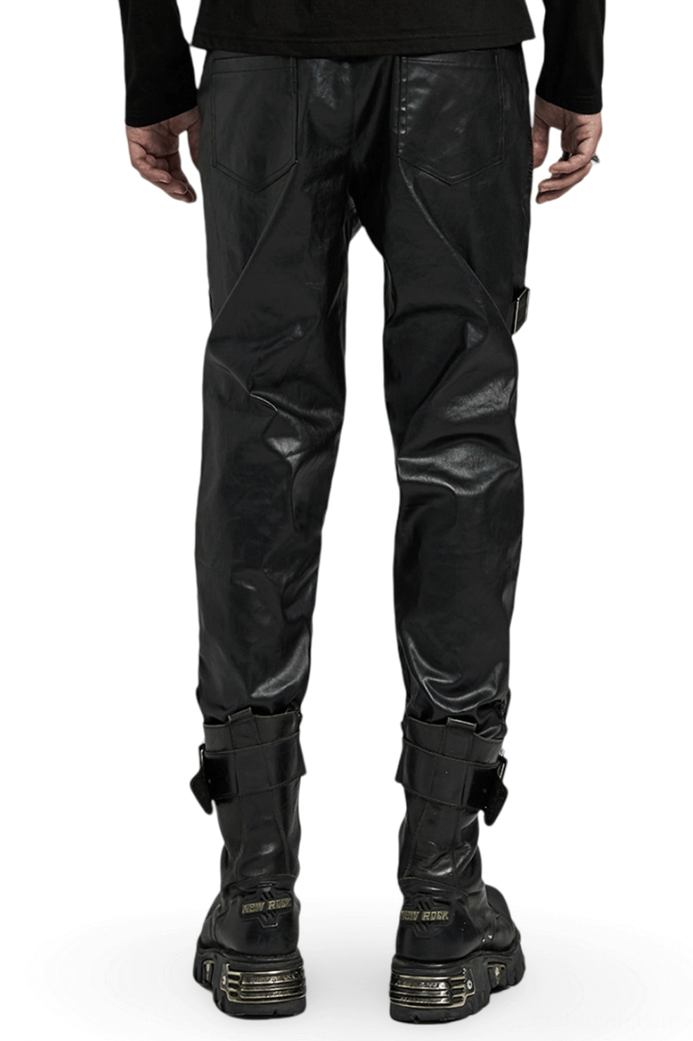 Gothic leather pants back view showing tailored waist and straight leg silhouette with clean seaming