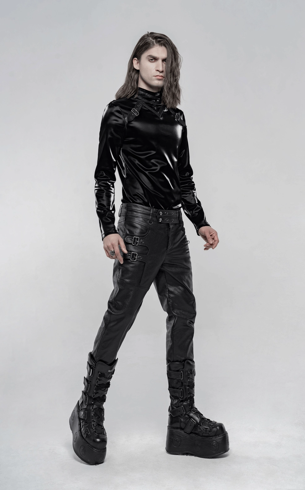 Black gothic faux leather pants storage and care display showing drape and material draping quality
