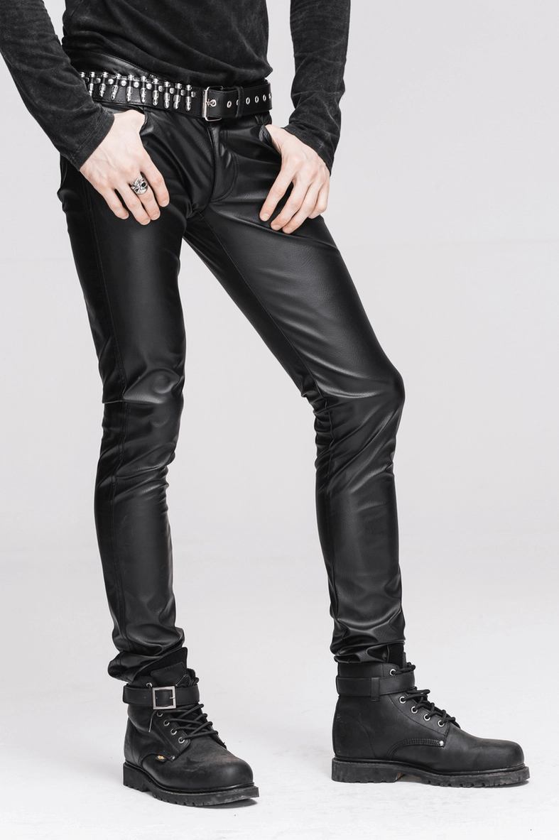 Complete styling view of black gothic leather skinny pants paired with alternative fashion accessories showing versatile gothic wardrobe potential