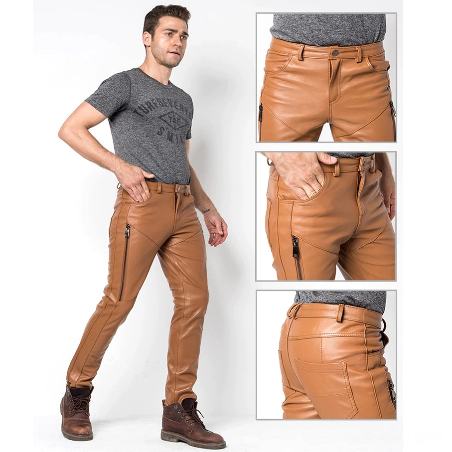 Tan leather skinny pants construction details and design elements