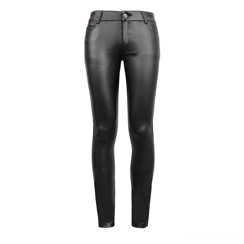 Black PU leather skinny pants flat lay front view showing slim-fitted design, standard waist button, and smooth faux leather finish