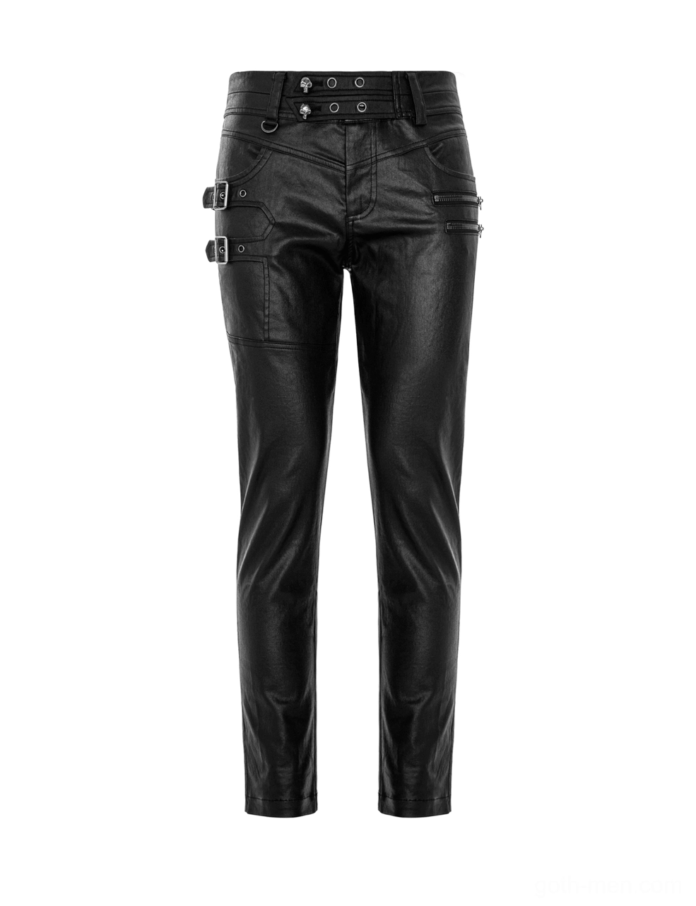 Black gothic leather pants front flat view showing side buckle straps and tailored seam construction
