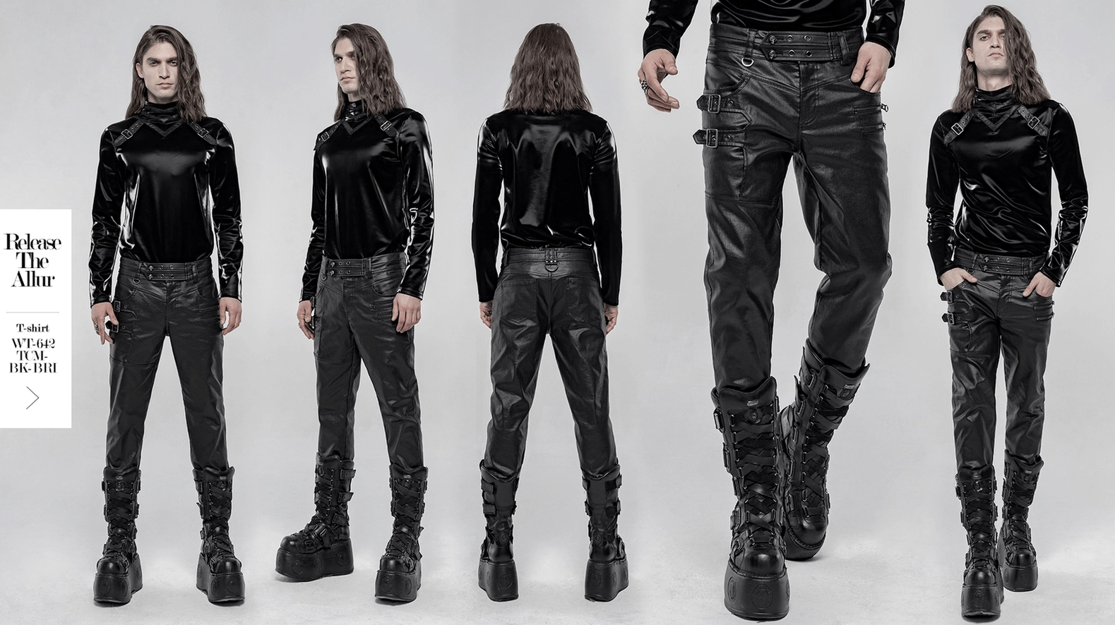 Black gothic faux leather pants measurement guide visual showing sizing reference and dimensional details