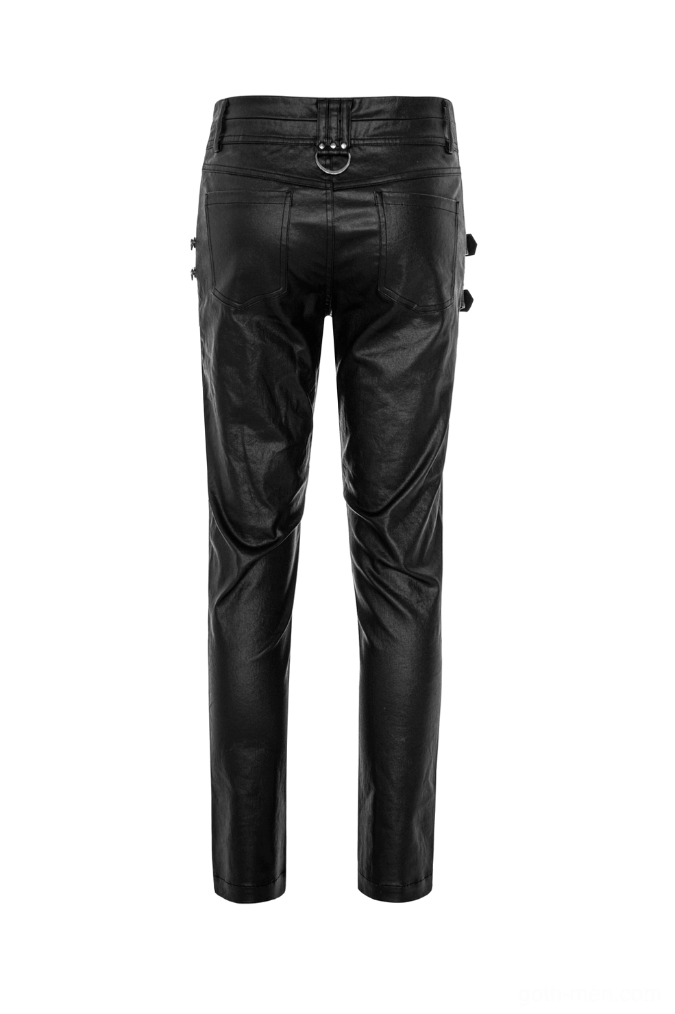 Black gothic faux leather pants rear flat view displaying D-ring hardware and back pocket construction