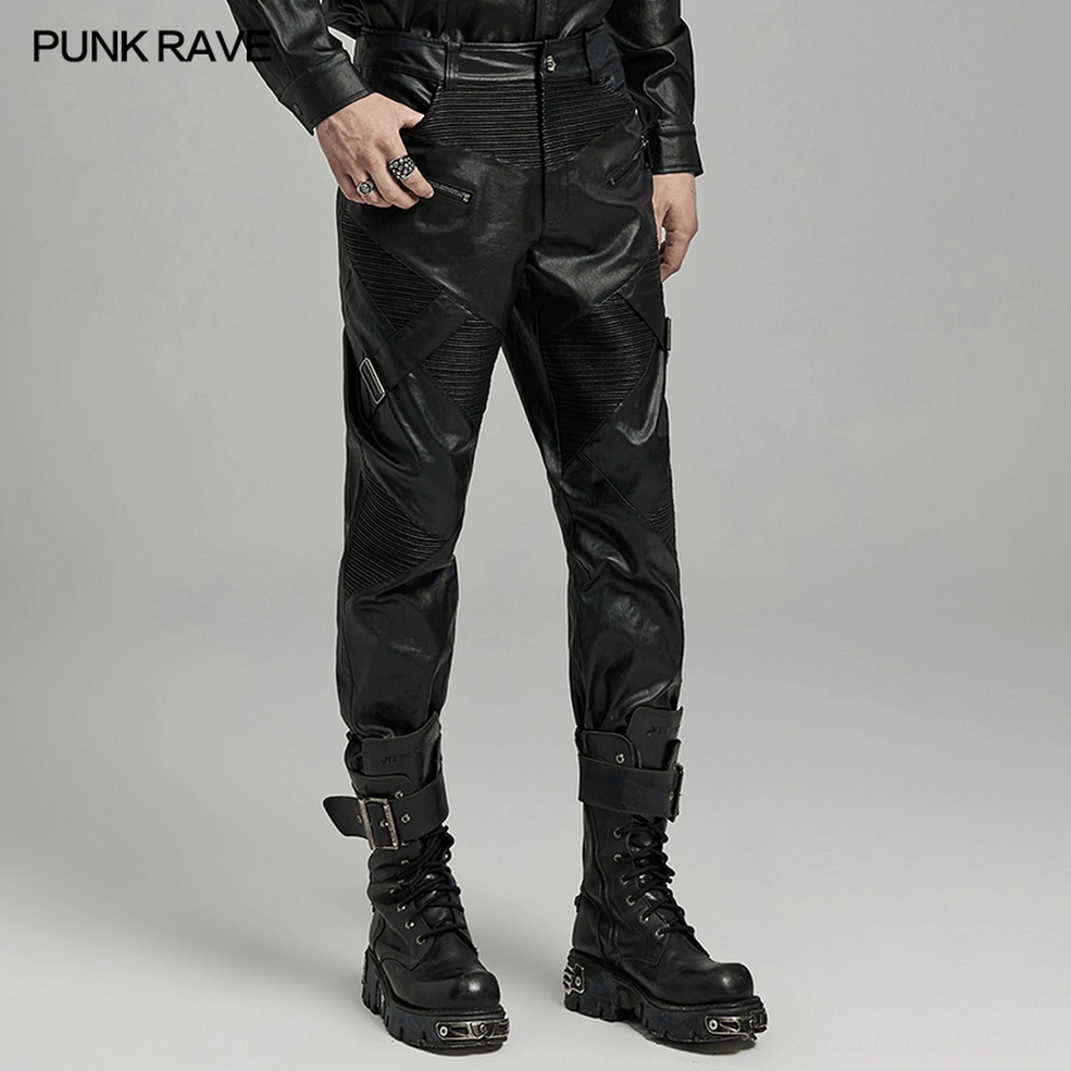 Detailed side view of gothic leather pants showing ribbed panels, stitching, and tapered fit design
