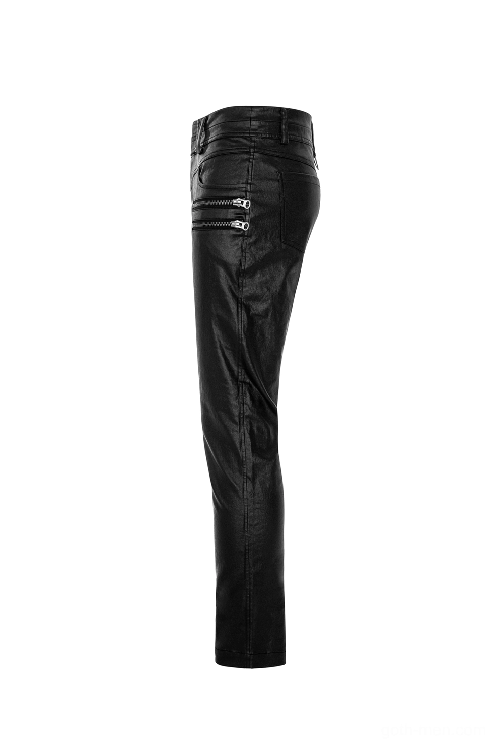 Black gothic faux leather pants side view showing tapered leg and functional zipper pocket details