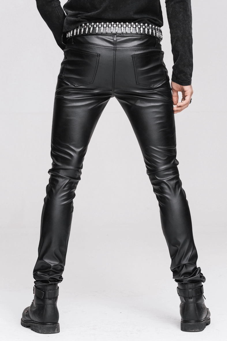 Black gothic PU leather skinny pants showing complete silhouette with reinforced stitching and premium construction for goth fashion enthusiasts