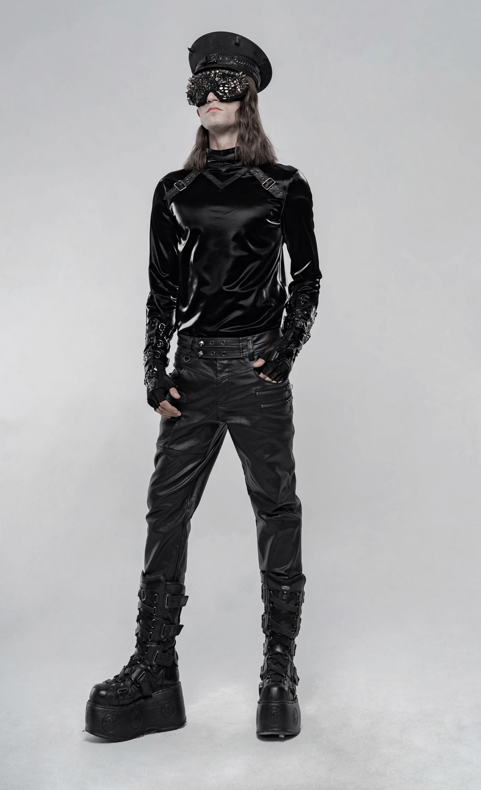 Black gothic faux leather pants size comparison showing slim fit silhouette and proportional design