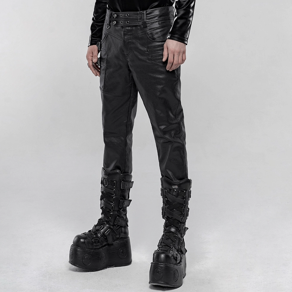Black gothic faux leather pants alternative styling detail featuring buckle and strap embellishments