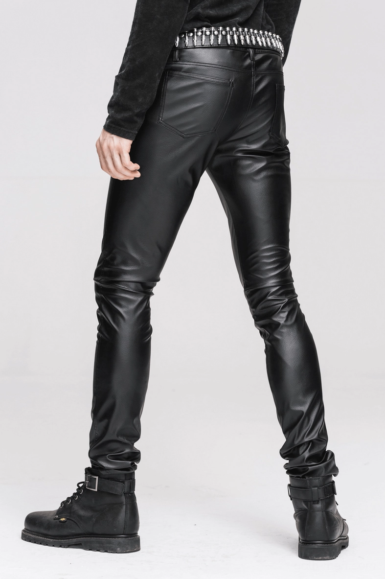 Alternative angle of black gothic leather skinny pants demonstrating the smooth texture and sophisticated matte finish of PU leather material