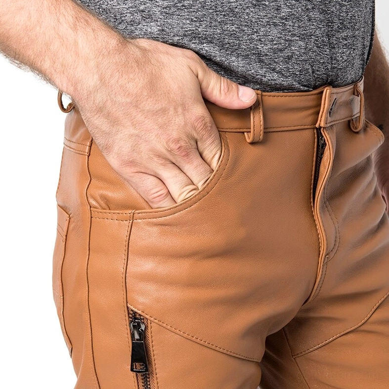 Close-up of leather pants front waist pockets belt loops