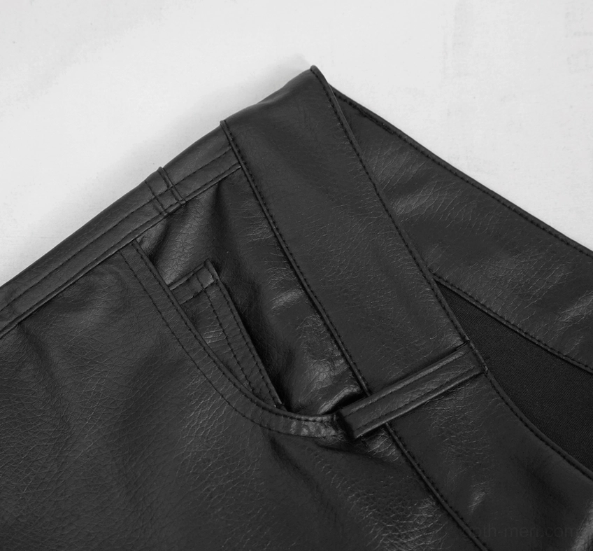 Close-up top-down detail of black gothic leather pants waist showing belt loops, pocket welt construction, and faux leather grain texture
