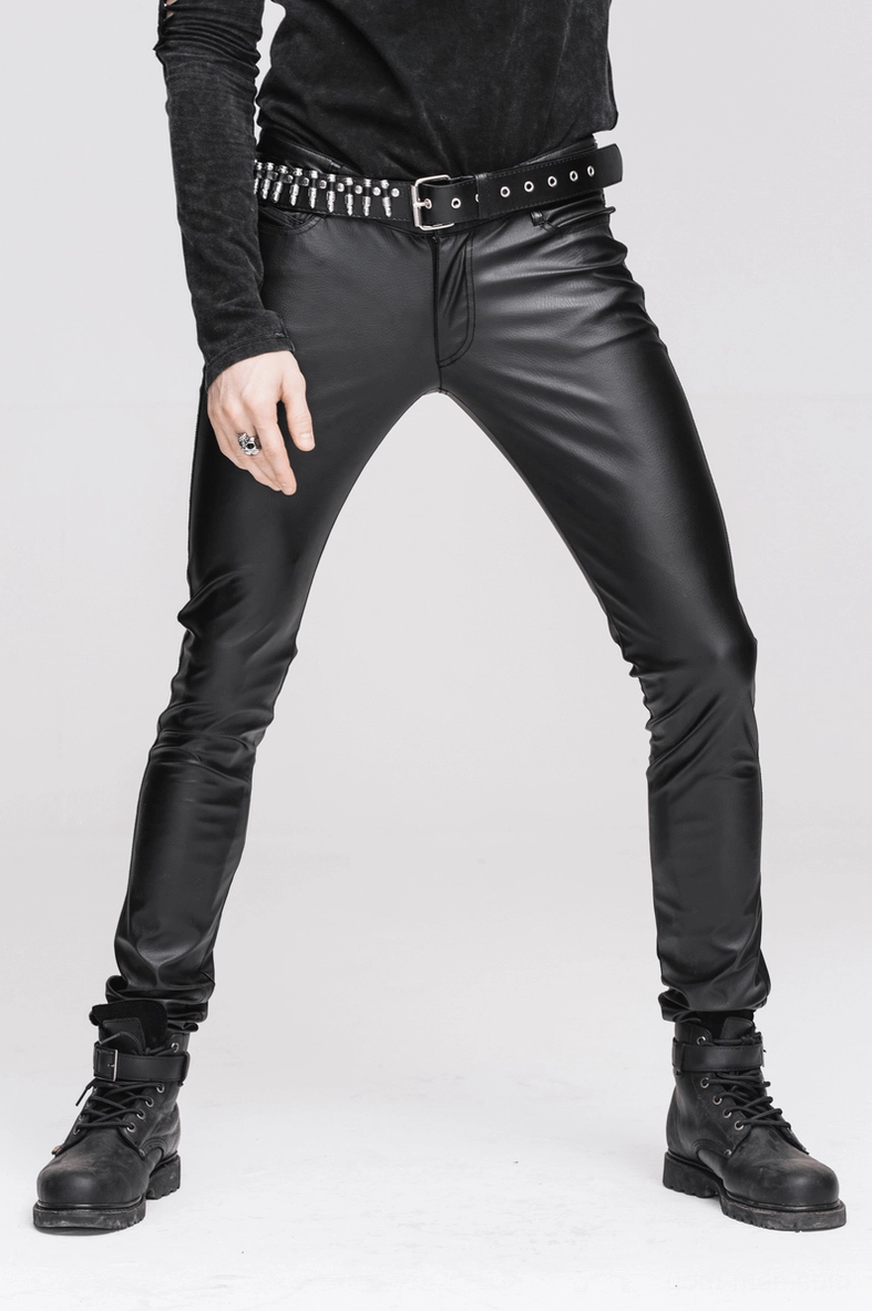 Black gothic PU leather skinny pants highlighting zipper accents and punk-inspired design elements for rebellious fashion statement