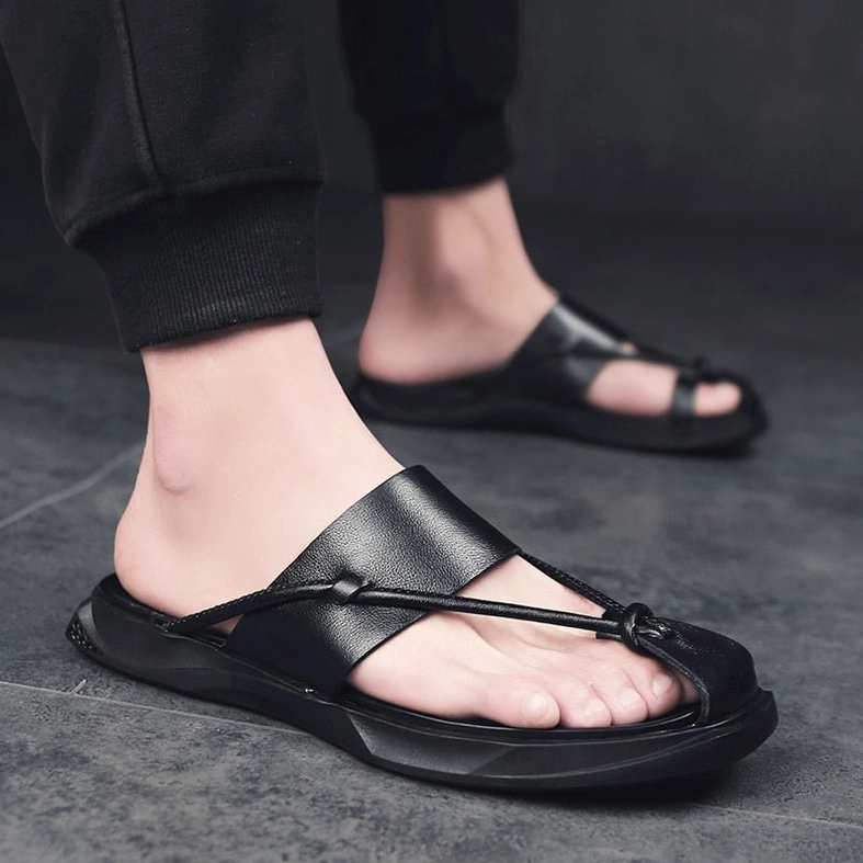 Two-color contrast genuine leather gothic sandals showing design versatility in black and white