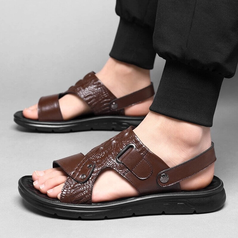 Genuine leather sandals product showcase highlighting crocodile embossing texture and alternative gothic styling
