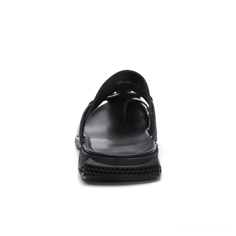 Front direct view of black leather gothic sandals with enclosed toe strap and thick flexible sole