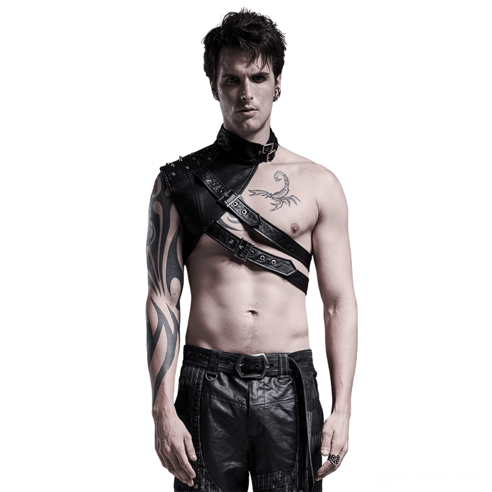 Gothic one-shoulder leather harness with metal rivets - front view on model with asymmetrical cross strap design