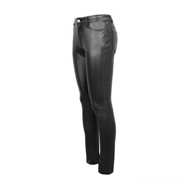 Side profile flat lay view of black gothic leather skinny pants displaying front side pocket placement and tailored slim cut design